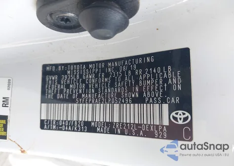 2020 Toyota Corolla Le from USA, damaged, VIN 5YFEPRAE2LP052496